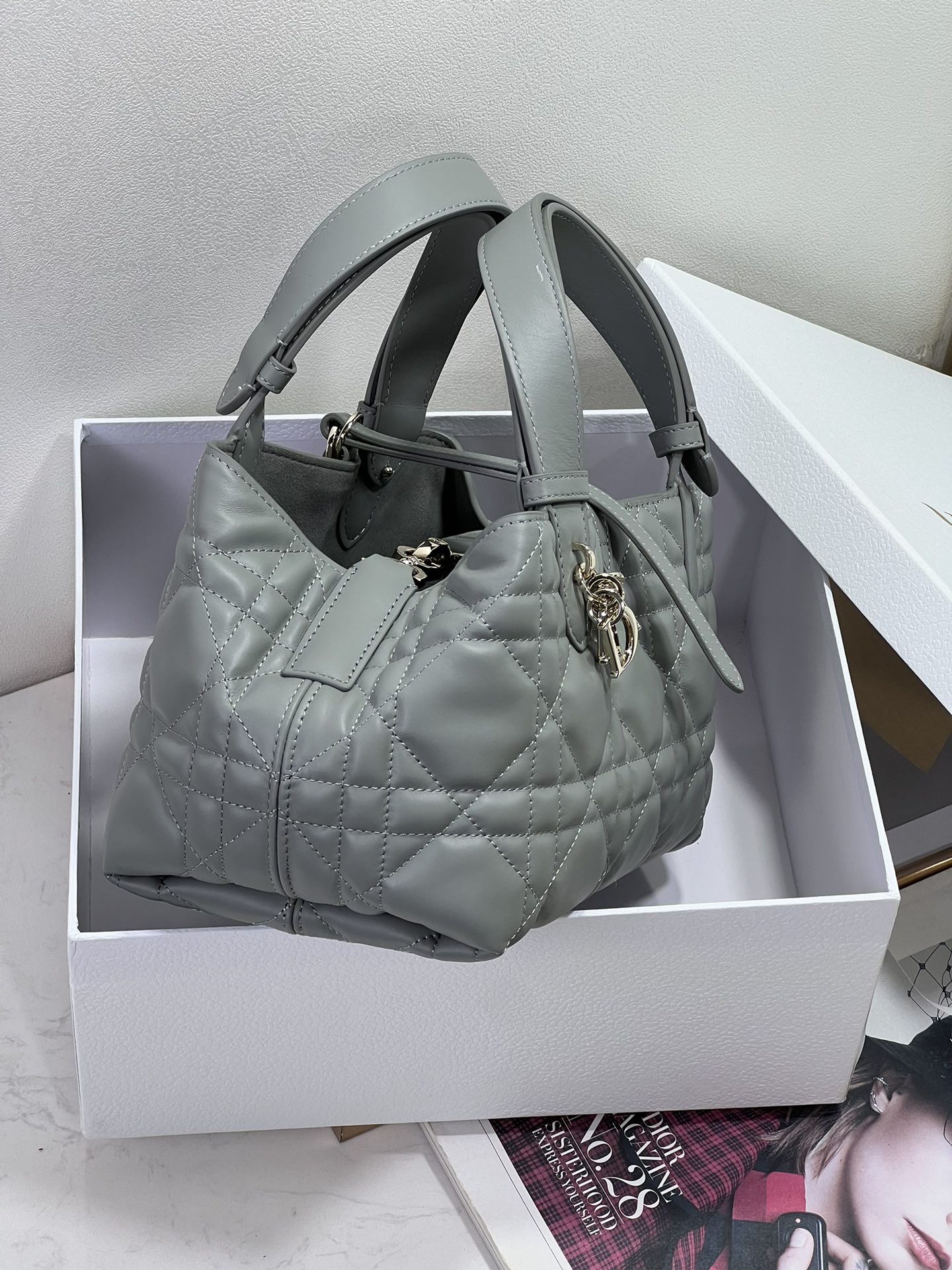 Small Dior Toujours Bag Gray Macrocannage Calfskin